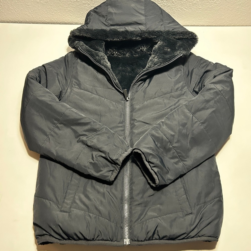 Abercrombie Kids Black Reversible Faux Fur Hooded Puffer Jacket 13/14 244J1129